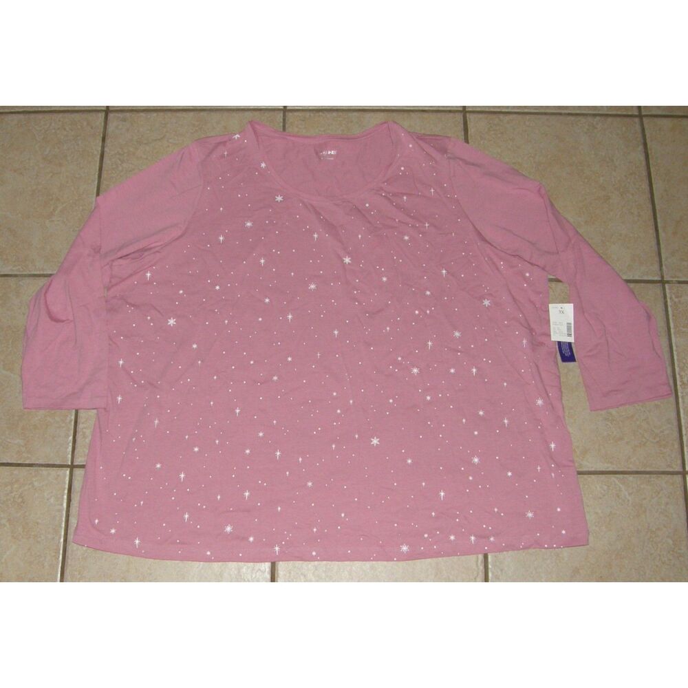 NEW Pink Plus Sz 3X (26/28) Sparkly Snowflake Star Stretchy Tee Shirt CATHERINES